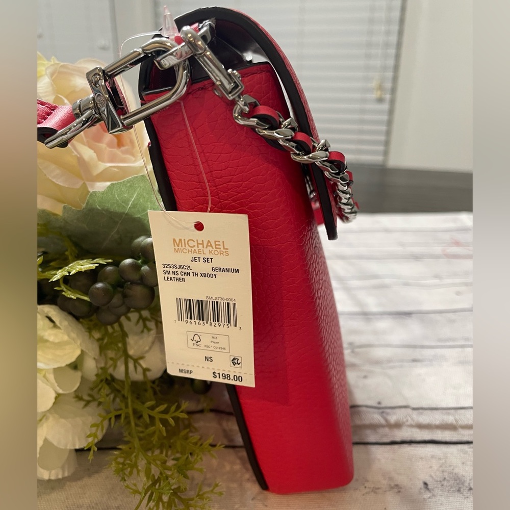 NEW MICHAEL KORS Jet Set SMALL NS PHONE CHAIN CROSSBODY SHOULDER Bag, Geranium - Picture 2 of 15